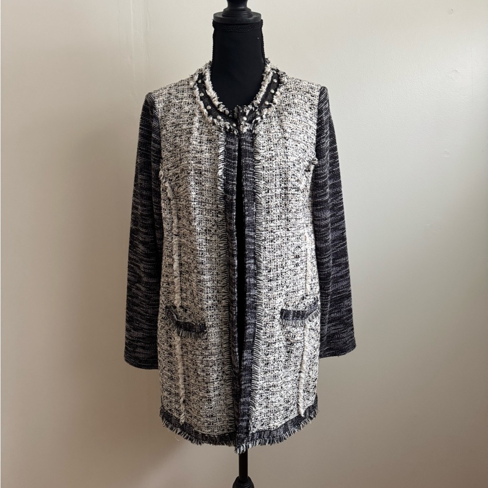 Sz 1 Chicos  Tweed open front blazer jacket deep pockets black white tan NWOT🐸